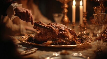 Hand carving a golden turkey at a festive dinner, warm candlelight, cinematic 8k realism