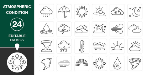 Atmospheric Conditions Line Icons Set, Weather Vector, Thin Outline Symbols, Sun, Cloud, Rain, Wind, Climate Graphics, Minimal Editable Illustration on Transparent Background