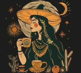 Celestial Brew: A bewitching woman, adorned in mystic attire, savors a warm beverage under the celestial glow of the moon and stars, embodying tranquility and connection.