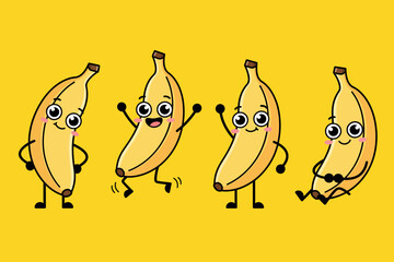 Cheerful cartoon banana characters dancing and posing in various expressions on a vibrant yellow background