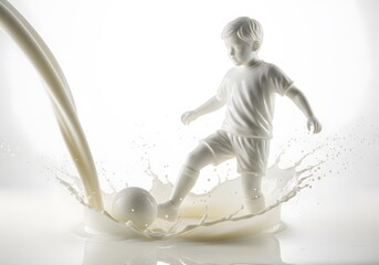 A white figurine of a young boy energetically playing soccer, kicking a ball in a dynamic splash of milk, symbolizing dairy for childhood vitality and athletic energy