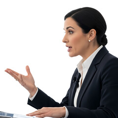 Confident businesswoman passionately presenting ideas, engaging audience with dynamic gestures and clear articulation.