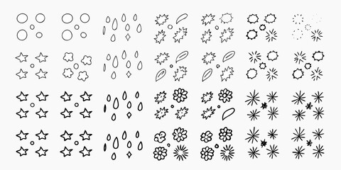 Collection of hand drawn doodle icons and symbols including circles stars raindrops flowers and bursts on white background