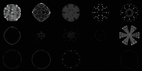 Abstract grayscale geometric shapes and patterns arranged in a grid on a black background