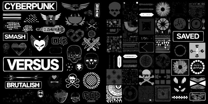 Collection of cyberpunk and brutalism inspired graphics and icons with text elements