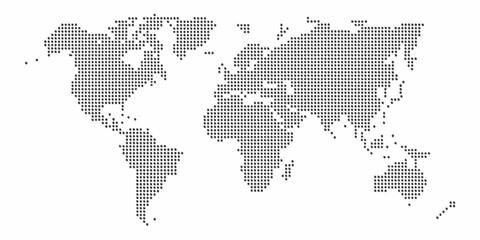 World map composed of small black dots on a clean white background