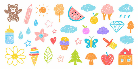 Collection of cute hand drawn crayon style illustrations for kids