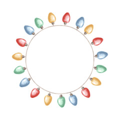 Frame wreath from garland of lights on string watercolor illustration. Hand drawn isolated glowing bulbs hanging on wire. Christmas winter holiday clipart. Festive template for card, textile, wrapping