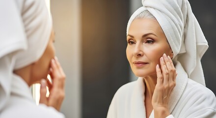 Mature woman in bathrobe examining her face in the mirror focused on skincare routine and self care .jpg