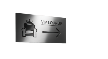 Metallic VIP Lounge Sign with Crowned Armchair Icon and Directional Arrow.