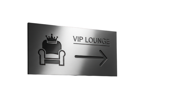 Metallic VIP Lounge Sign with Crowned Armchair Icon and Directional Arrow.