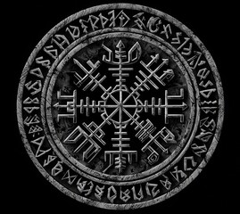 Fototapeta premium Viking Compass Symbol: This image showcases a detailed, ancient Viking compass symbol, intricately designed with runic inscriptions and geometric patterns. It represents guidance, protection.