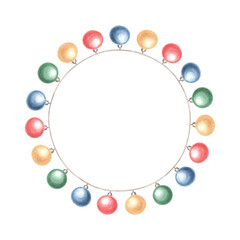 Frame wreath from garland of lights on string watercolor illustration. Hand drawn isolated glowing bulbs hanging on wire. Christmas winter holiday clipart. Festive template for card, textile, wrapping