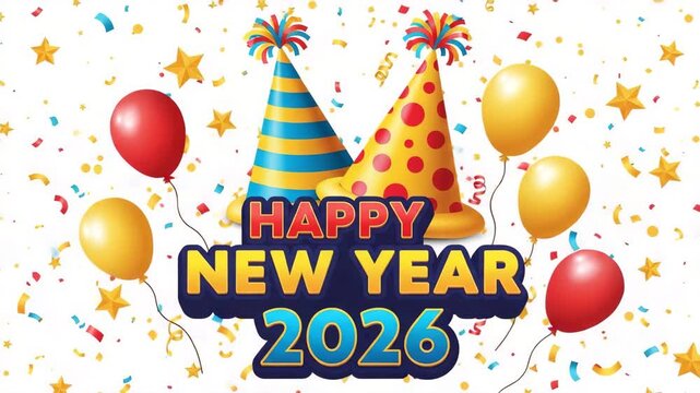 Motion graphic of happy new year 2026 with confetti and balloons means fun and colorful celebration video background
