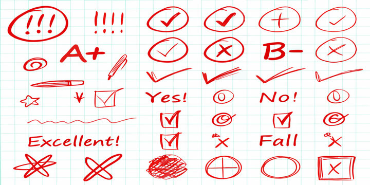 Collection of red hand drawn marks and symbols for grading and feedback on a grid paper background