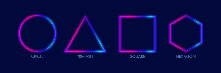 Glowing neon shapes circle, triangle, square, and hexagon on a dark blue background