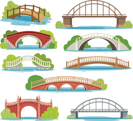 Cartoon bridge collection, architectural styles, water crossing, scenic design, structural diversity, landscape illustration, urban elements, decorative bridge set, variety