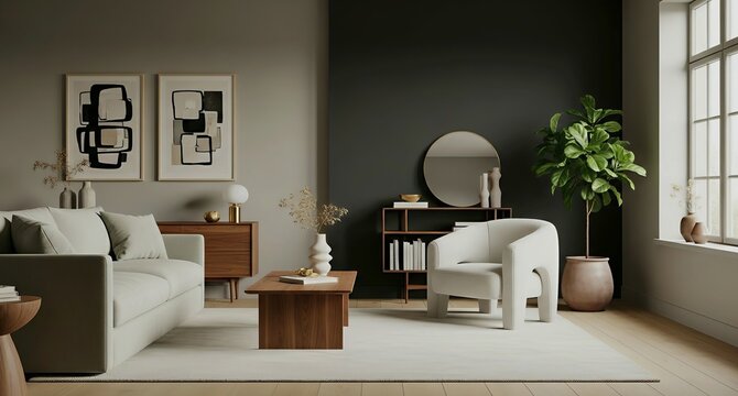 Modern minimalist living room with light gray sofa, sculptural white vase, curved armchair, wood sideboard, abstract art, dark accent wall, shelving with round mirror, large plant, and natural light.