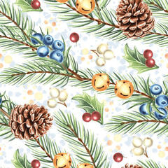 Watercolor pine branches with cones and berries seamless pattern for Christmas design. Hand-drawn illustration spruce twigs for winter holiday decor. Conifer plant natural background for textile, card