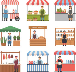 Cartoon market stalls, vendor illustration, fresh produce, bread, meat, plants, bottles, colorful canopy, local shopping scene, community commerce