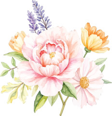 Fototapeta premium Watercolor floral arrangement with peony flower, transparent background, vector, illustration