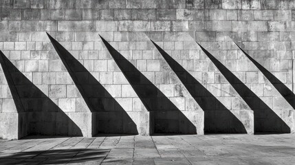 A black and white photograph of a concrete wall with a series of recessed rectangular openings.