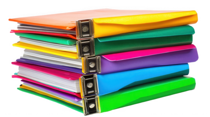 Stack of colorful binders isolated on transparent background ready to be used