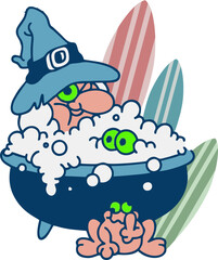 CartoonWizardCharacter.Quirky Cartoon Wizard Character Bathing in a Cauldron with Frog and Surfboards. Fun Retro Pop Art Illustration with Fantasy, Beach, and Magic Vibe perfect for Summer Apparel