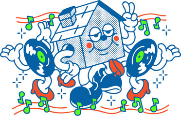 Funky Cartoon House Character Surrounded by Dancing Vinyl Records and Musical Notes. Cool Retro 90s Pop Art Illustration with Psychedelic and Fun Vibe perfect for Music-Themed Apparel and Poster