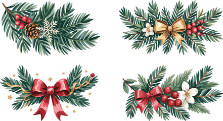 Festive holiday decorations, pine branches, red berries, floral accents, Christmas bows, seasonal arrangement, winter ornament set, traditional celebration elements