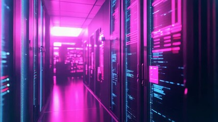 Server racks in data center with glowing neon lights - Powered by Adobe