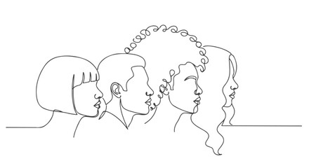 A continuous one line drawing illustrating diverse profiles of people in a group with varying hairstyles, highlighting unity
