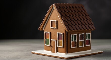 Modern minimalist gingerbread house with clean-lined chocolate roof and geometric candy window panels in primary colors, with space for text