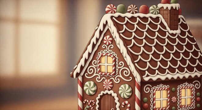 Nostalgic gingerbread house reminiscent of vintage Christmas cards,  with space for text