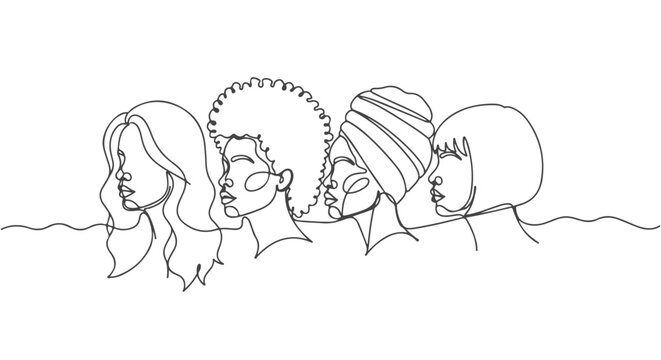 One continuous line drawing of four women in profile, representing diversity and unity