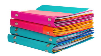 Stack of colorful ring binders isolated on transparent background for presentation