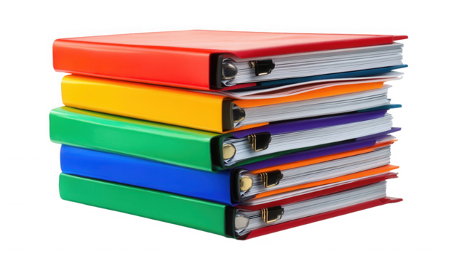 Stack of colorful ring binders isolated on transparent background for archiving data