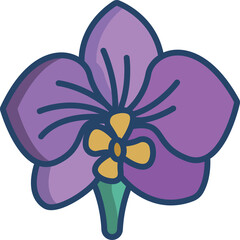 Purple orchid flower with yellow center and green stem on a transparent background simple drawing illustration