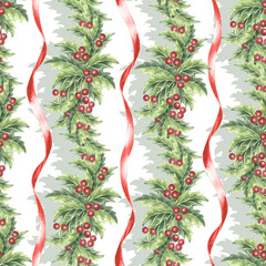 Watercolor holly branches with berries and red ribbons seamless pattern for Christmas. Hand-drawn illustration for holiday decor. Natural background of traditional winter plant for wallpaper, textile.