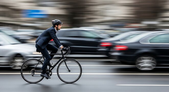 Businessman cycling to work amidst blurred city traffic emphasizing sustainable commuting and health.jpg - Powered by Adobe