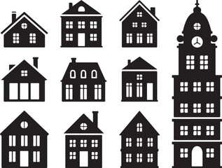 Fototapeta premium Silhouette House Vector Set Assorted House Styles Isolated on Transparent Background Residential Building Outlines 130c