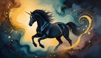 Fantasy creature artwork of black unicorn galloping amidst swirling gold, teal, and navy blue swirls