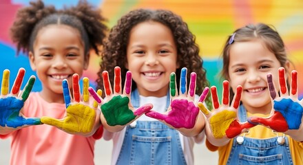 Joyful Children Displaying Painted Hands Symbolizing Creativity and Unity Diverse Group of Youngster.jpg