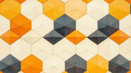 A geometric pattern of overlapping hexagons in orange, yellow, and gray.