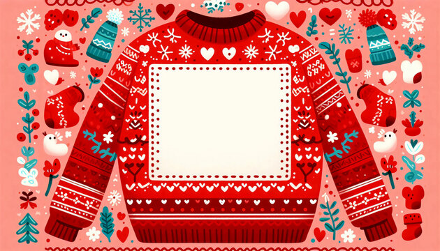Red knit sweater pattern border, minimal white middle section.