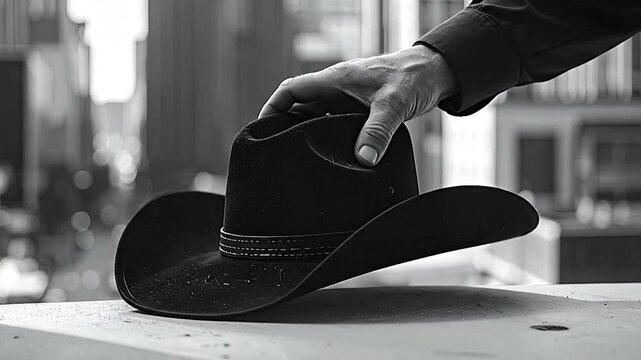 A close-up monochrome shot of a man's hand on a classic black felt cowboy hat, capturing a moment of timeless western style