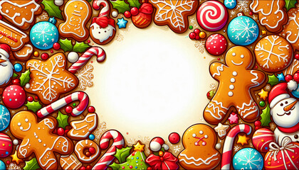 Christmas cookies around the edges, blank center for festive message.
