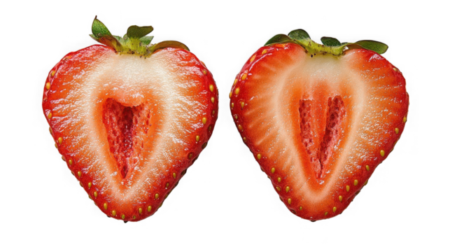 Two strawberry halves isolated on transparent background, revealing the inner flesh