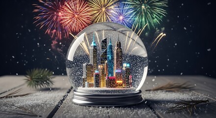 Cityscape in a Snow Globe with Fireworks Display.