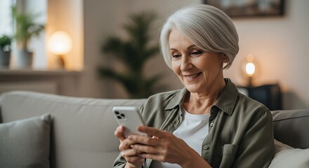 Mature Woman Enjoying Mobile Technology at Home Sitting Comfortably on the Couch Using Her Smartphon.jpg